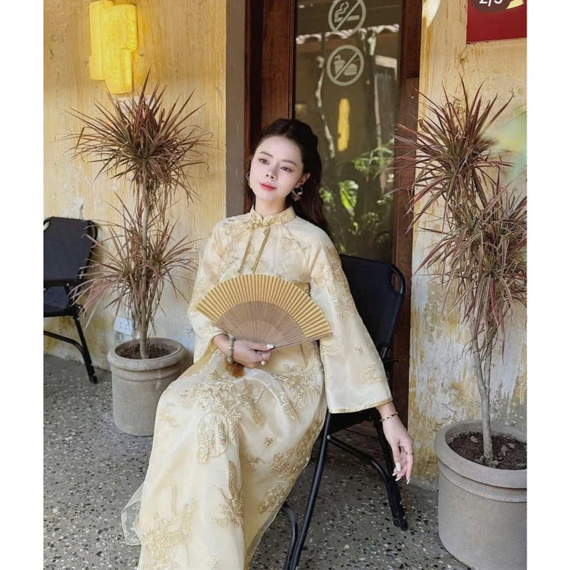 Embroidered Silk-Lined Organza Modernize Ao Dai