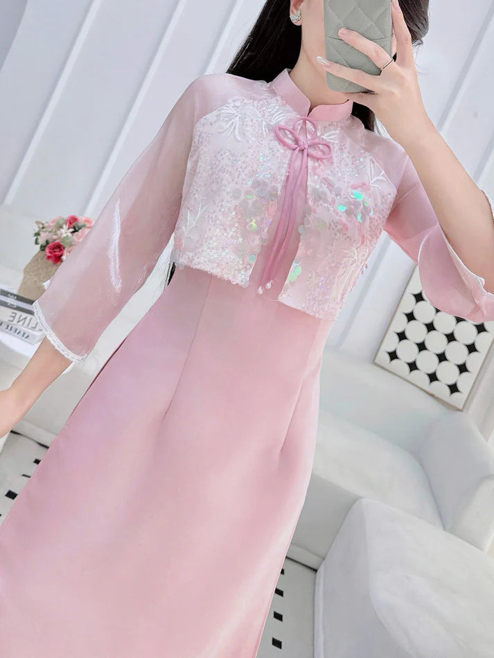 Light Pink Structured Silk Modernized Ao Dai