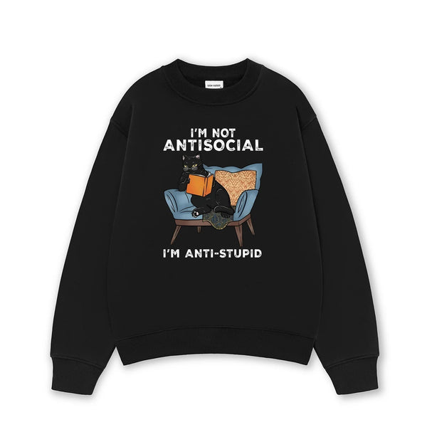Áo Sweater Form Rộng In I'm Not Antisocial Con Mèo Ngồi Đọc Sách