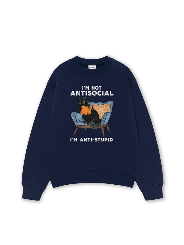 Áo Sweater Form Rộng In I'm Not Antisocial Con Mèo Ngồi Đọc Sách