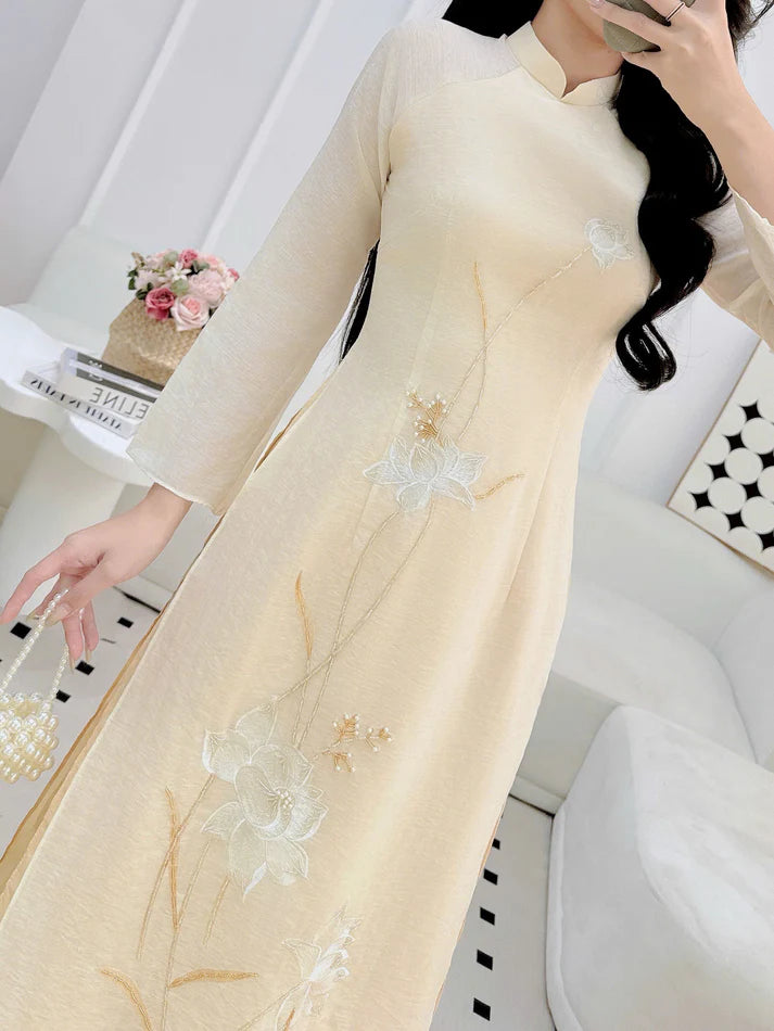 Light Yellow Embroidered Modernized  Ao Dai