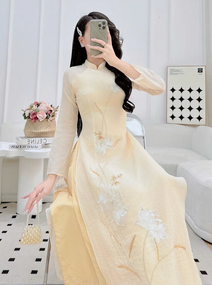 Light Yellow Embroidered Modernized  Ao Dai