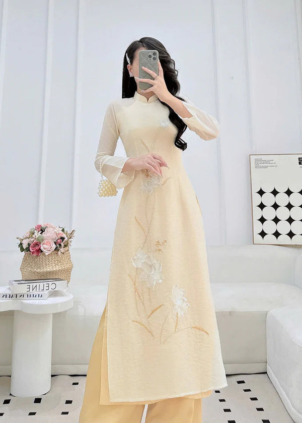 Light Yellow Embroidered Modernized  Ao Dai