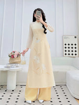 Light Yellow Embroidered Modernized  Ao Dai