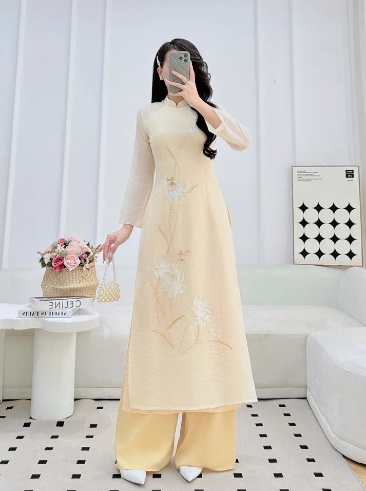 Light Yellow Embroidered Modernized  Ao Dai