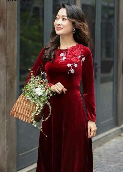 Floral Wine Velvet Ao Dai