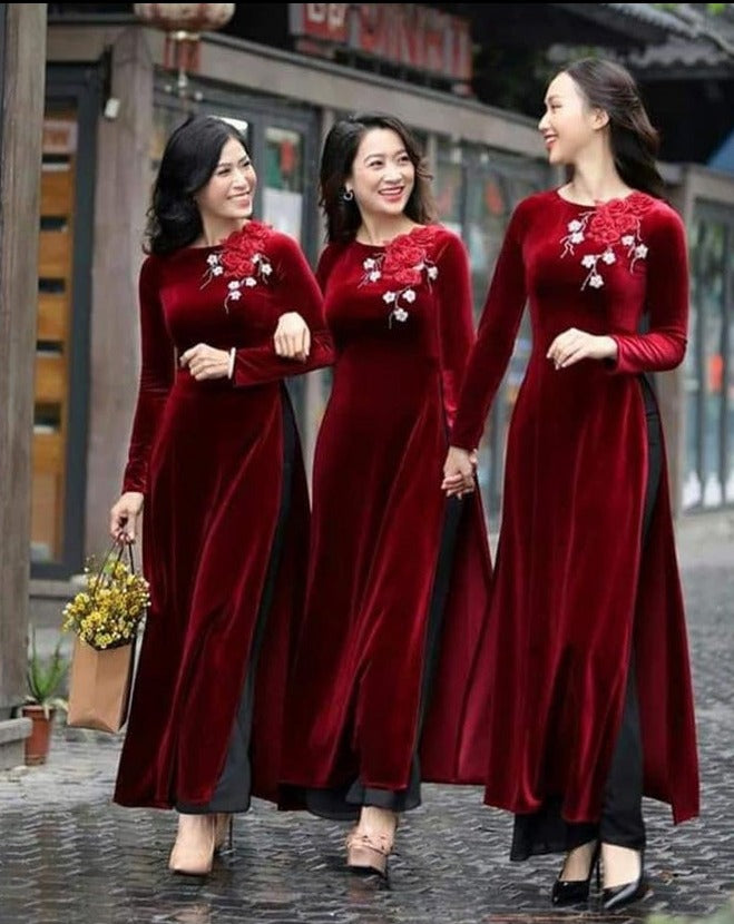 Floral Wine Velvet Ao Dai