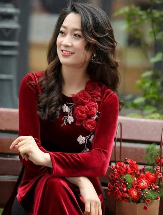Floral Wine Velvet Ao Dai
