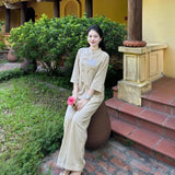 Bộ Lam Đi Chùa Thêu Hoa Sen Cài Chéo Tay Lỡ