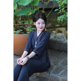 Bộ Đồ Đi Chùa Chất Liệu Lụa Trượt Cổ V Tay Lỡ Phối Viền