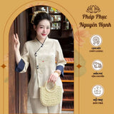 Đồ Đi Chùa Cổ V Thêu Hoa Bỉ Ngạn Vải Đũi Thái