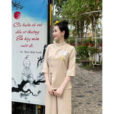 Bộ Lam Đi Chùa Thêu Hoa Sen Cài Chéo Tay Lỡ