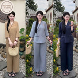 Set Đồ Lam Nữ Chất Lụa Tuyết Vạt Chéo Thêu A Di Đà Phật Có Túi