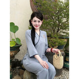 Set Đồ Lam Nữ Chất Lụa Tuyết Vạt Chéo Thêu A Di Đà Phật Có Túi