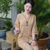 Bộ Đồ Đi Chùa Chất Liệu Lụa Trượt Cổ V Tay Lỡ Phối Viền
