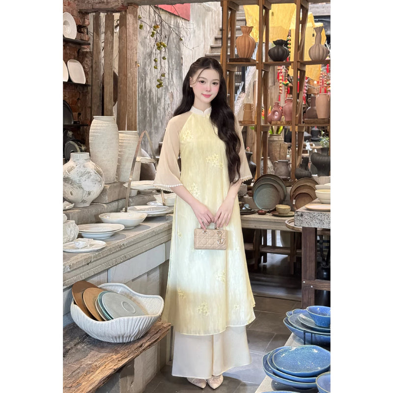Floral Yellow Modernize Ao Dai