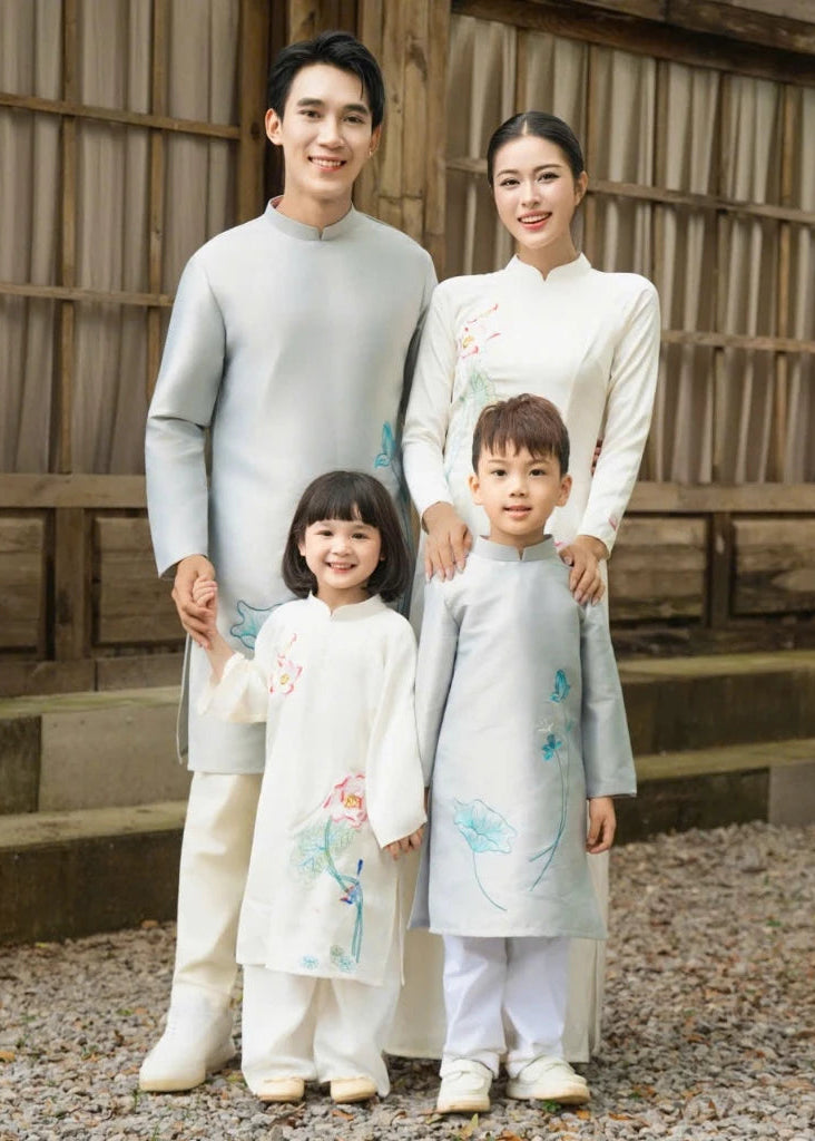 White - Blue Ao Dai For Family