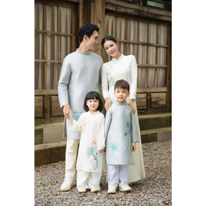 White - Blue Ao Dai For Family