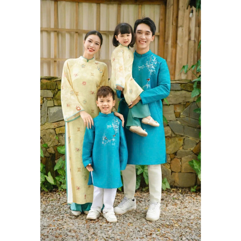 Yellow- Blue Ao Dai For Family