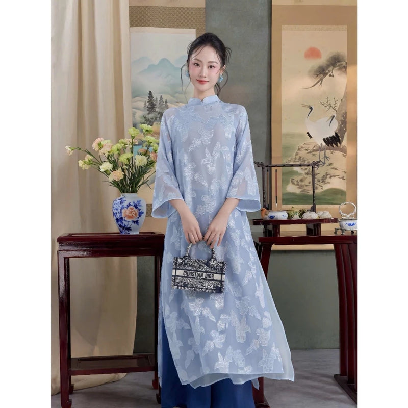 Loose Embroider Floral Ao Dai