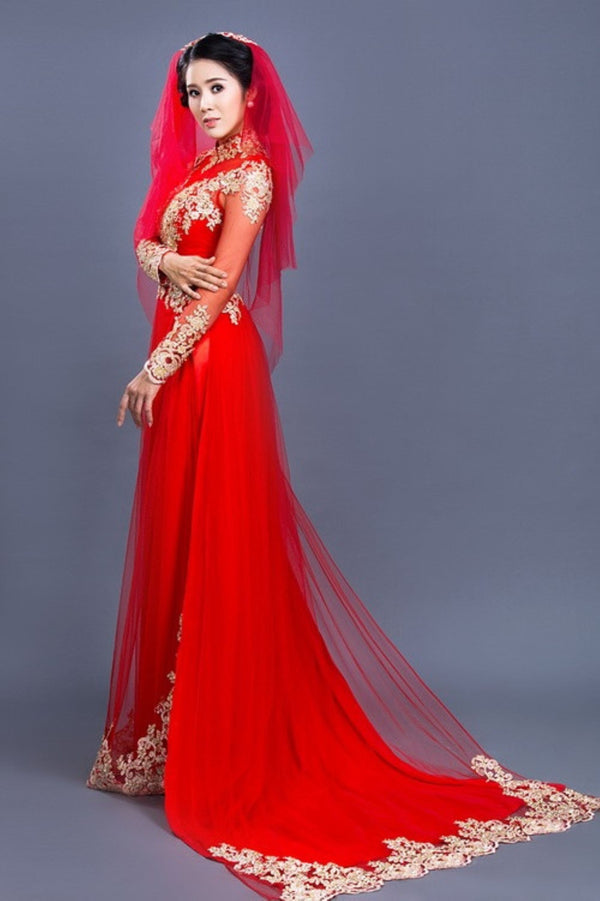 Red Bridal Wedding Dress With Stones