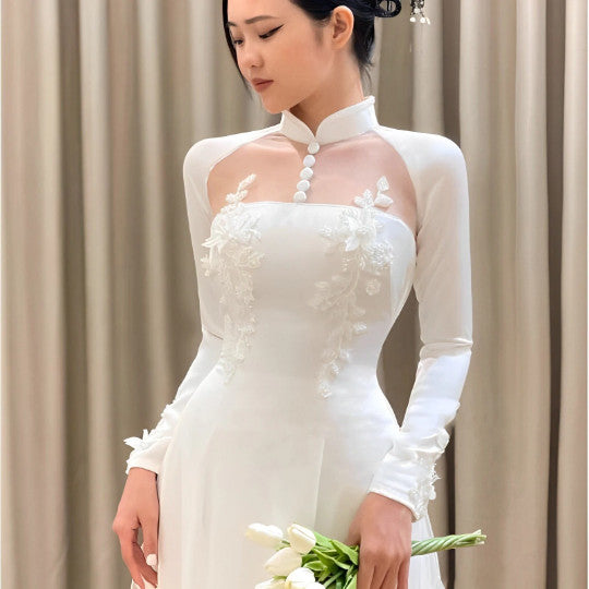 Elegant Lace Vietnamese Modernized Wedding Ao Dai