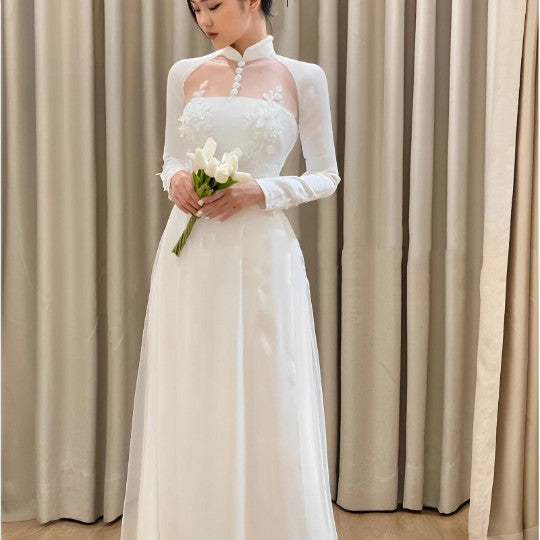 Elegant Lace Vietnamese Modernized Wedding Ao Dai