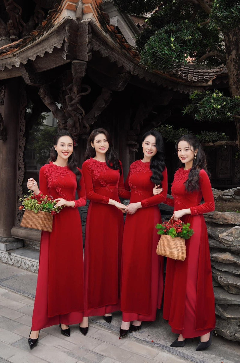 Floral Red Velvet Ao Dai