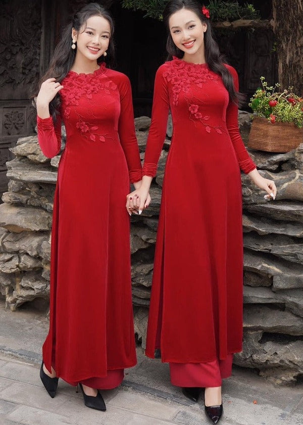 Floral Red Velvet Ao Dai