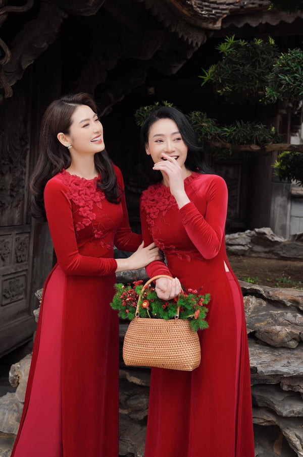 Floral Red Velvet Ao Dai