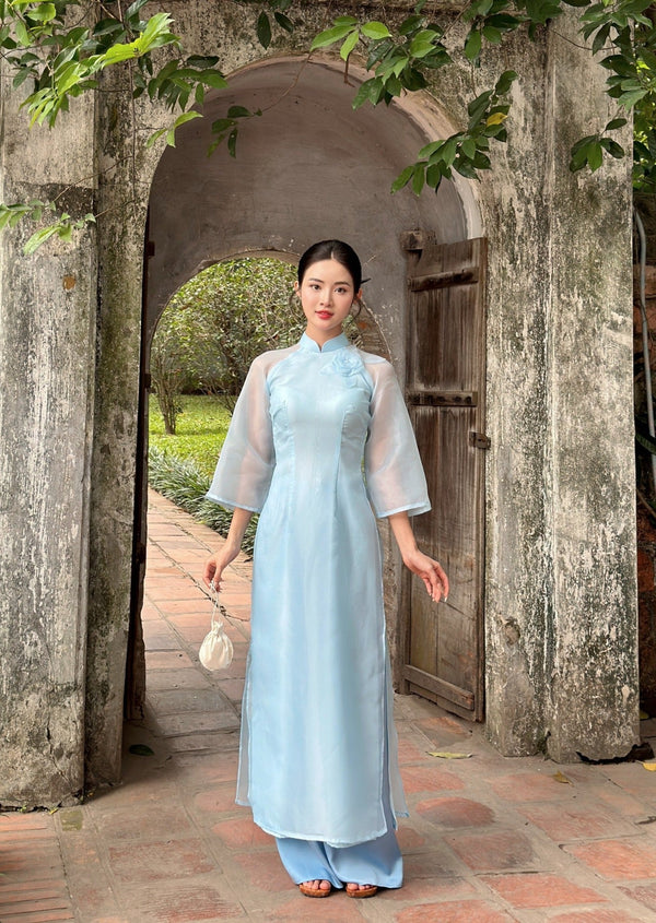 3D Rose Light Blue Ao Dai