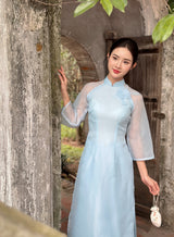 3D Rose Light Blue Ao Dai