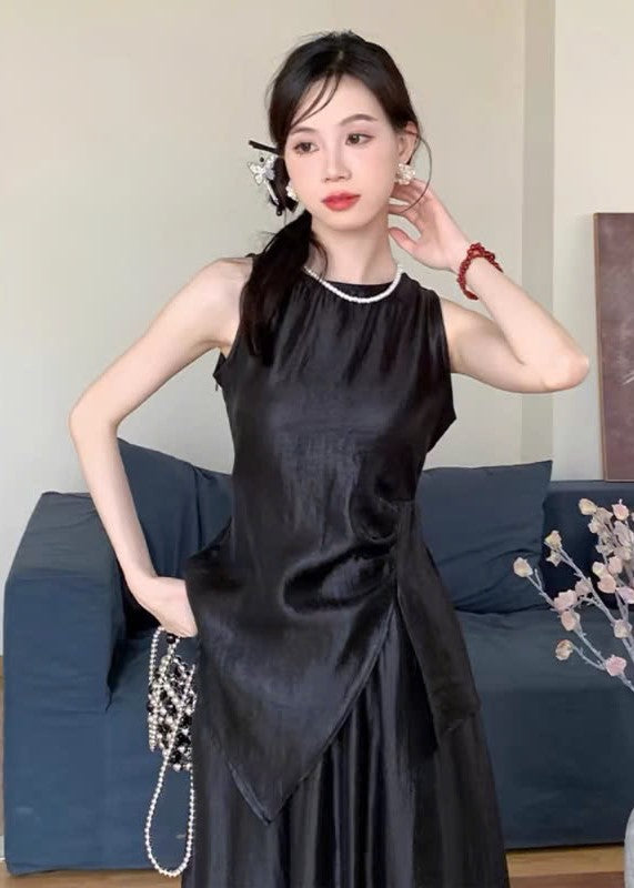Set Bộ Áo voan lụa nhún eo kèm chân váy dáng dài