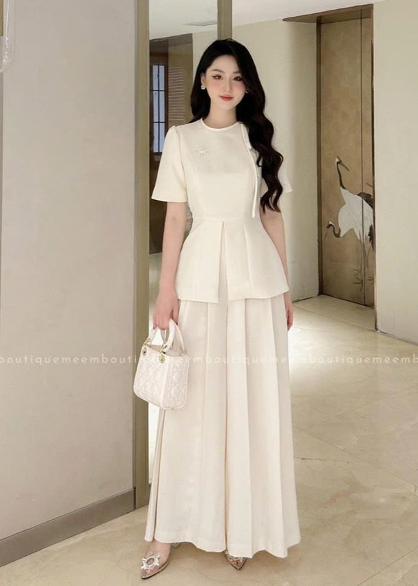 Set Áo Peplum phối quần ống rộng xếp ly
