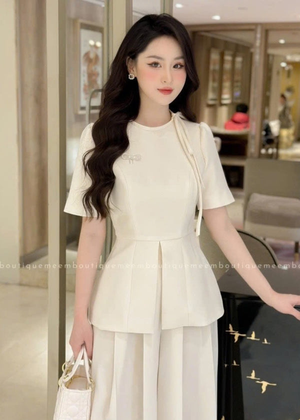 Set Áo Peplum phối quần ống rộng xếp ly