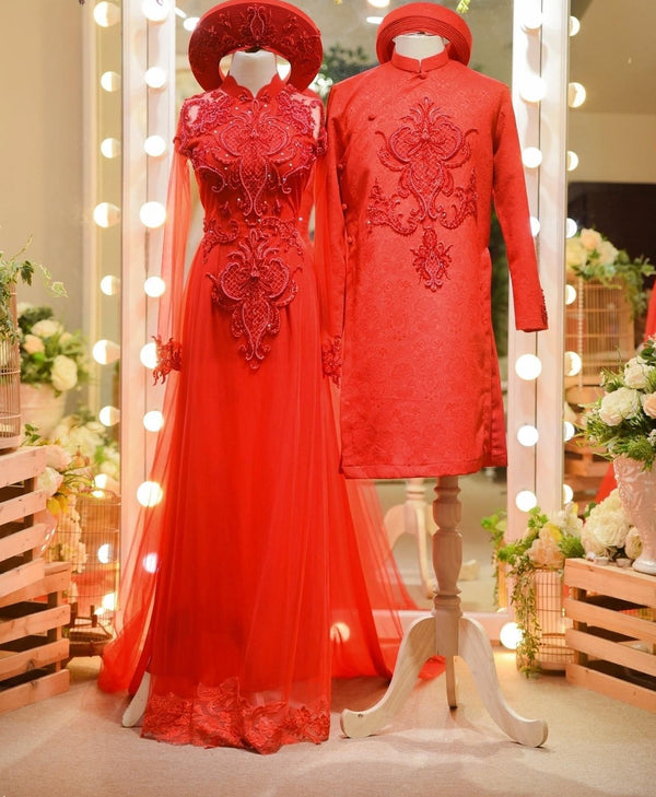 Red Vietnamese Wedding Ao Dai For Couples