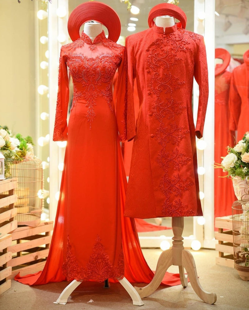 Red Vietnamese Wedding Ao Dai For Couples