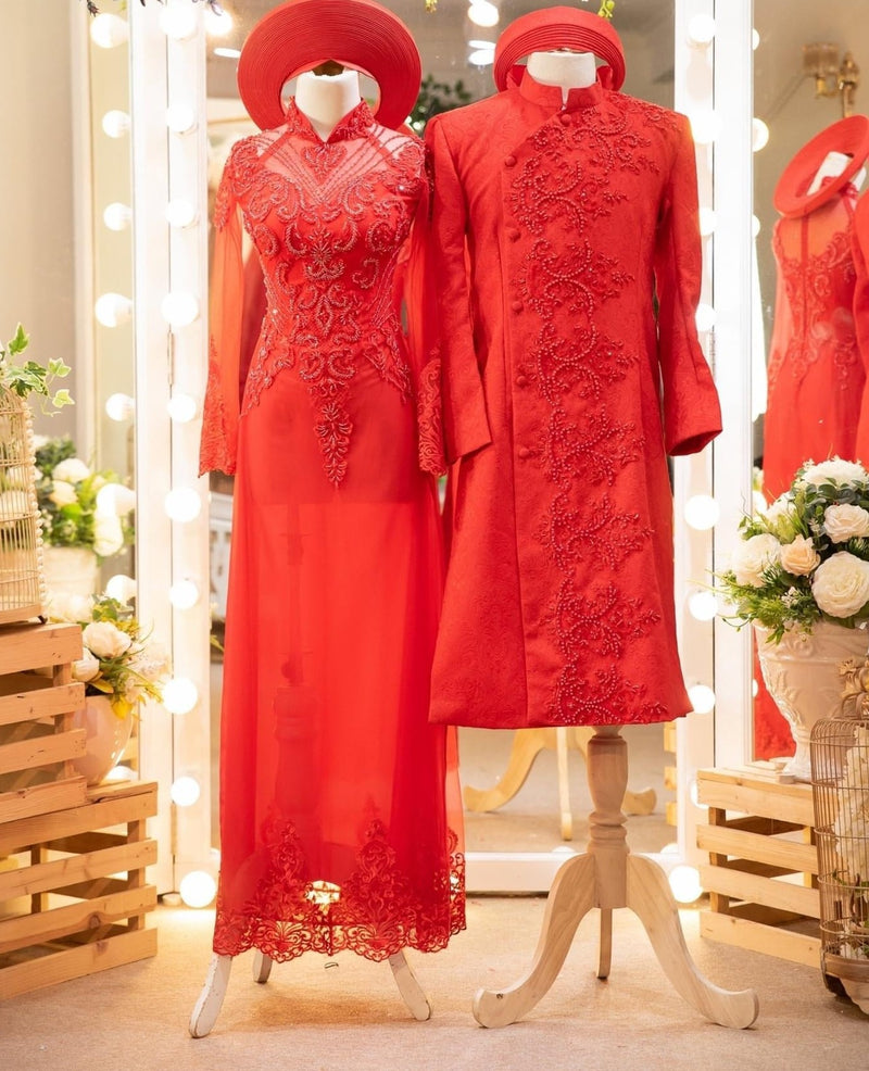 Red Vietnamese Wedding Ao Dai For Couples
