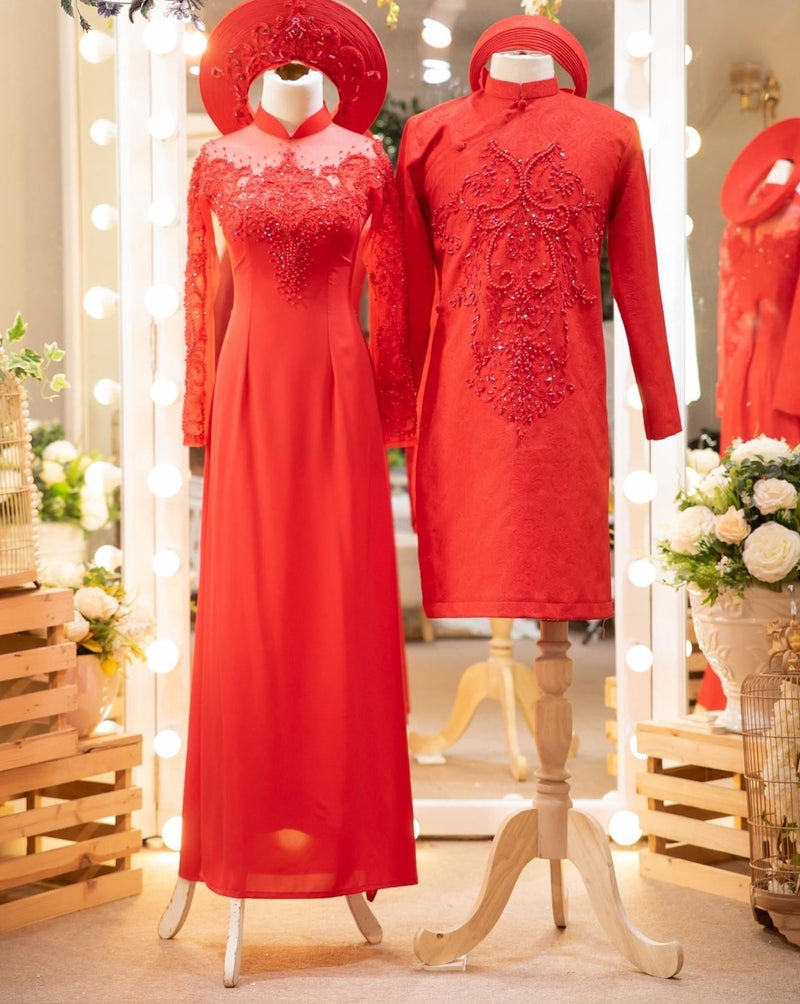 Red Vietnamese Wedding Ao Dai For Couples