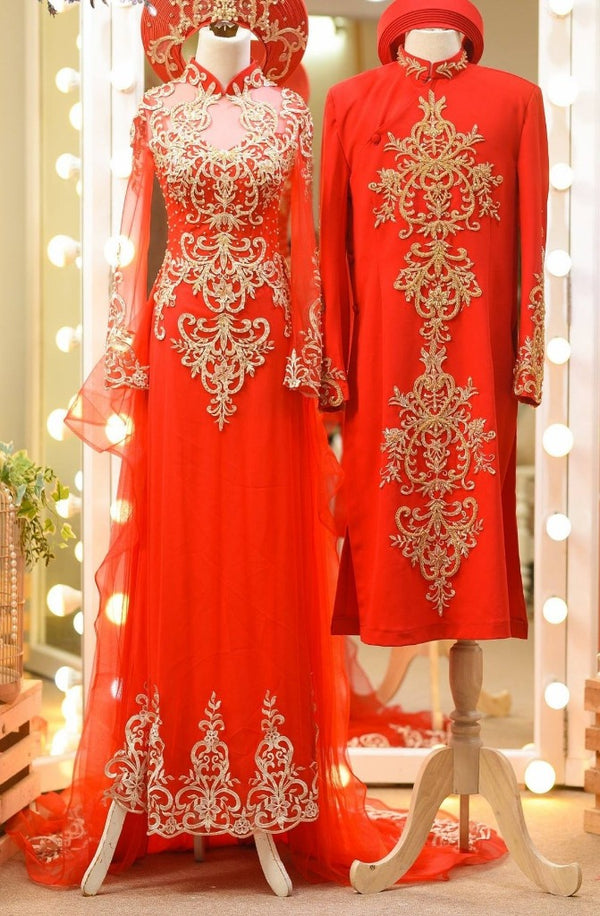 Red Vietnamese Wedding Ao Dai For Couples