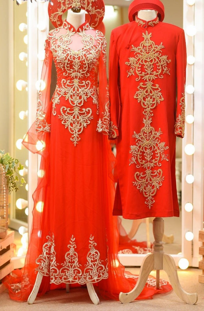 Red Vietnamese Wedding Ao Dai For Couples